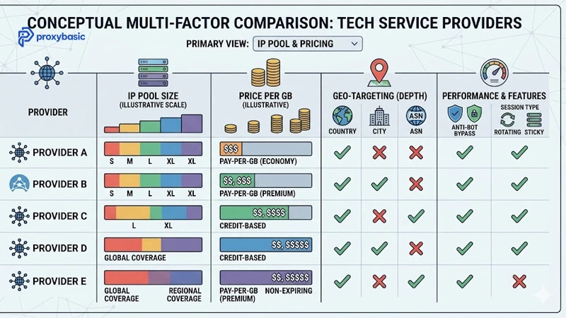 Comparison of free residential proxy providers: Webshare, Bright Data, IPRoyal, Decodo, Oxylabs