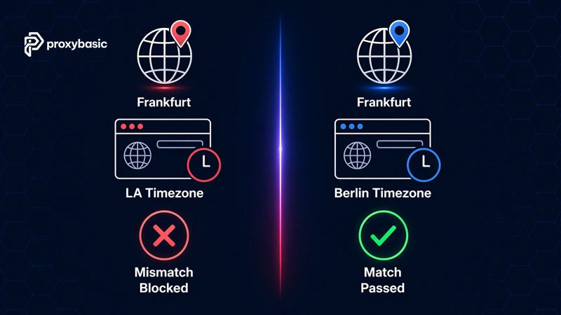 Side-by-side diagram showing Frankfurt proxy with mismatched LA timezone blocked versus matched Berlin timezone passing through