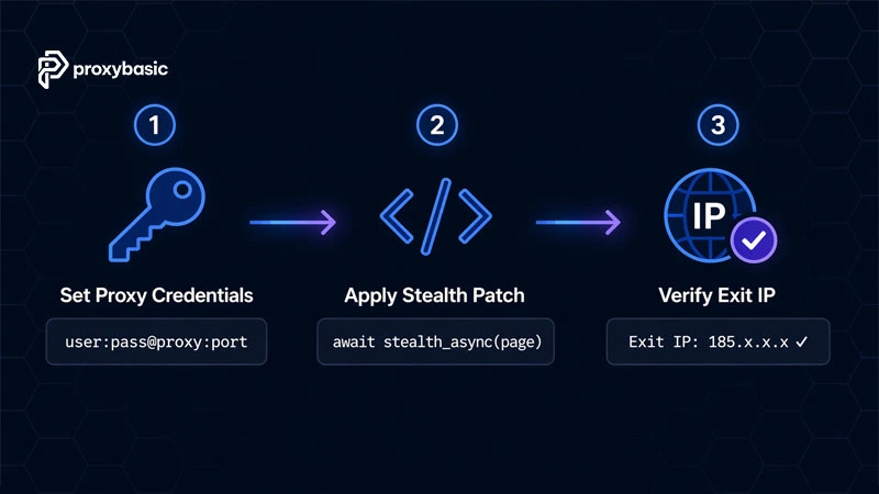 Three-step flow showing proxy credential setup, stealth patch configuration, and exit IP verification with code snippets
