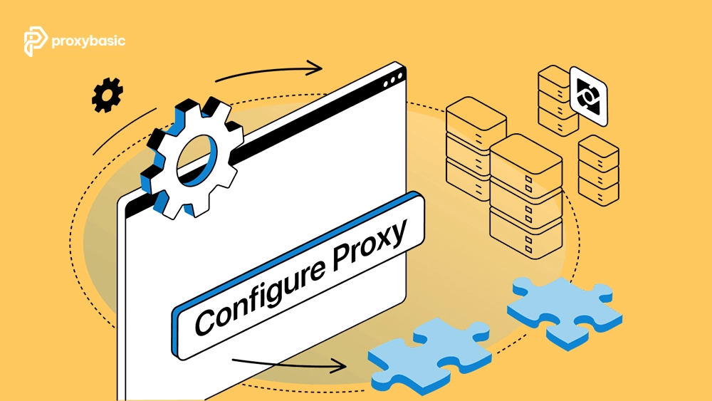 Configuring a proxy server in a browser, with gear and server stack icons