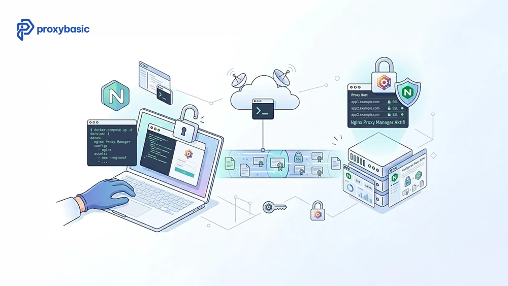 Nginx residential proxy manager dashboard managing proxy hosts and SSL